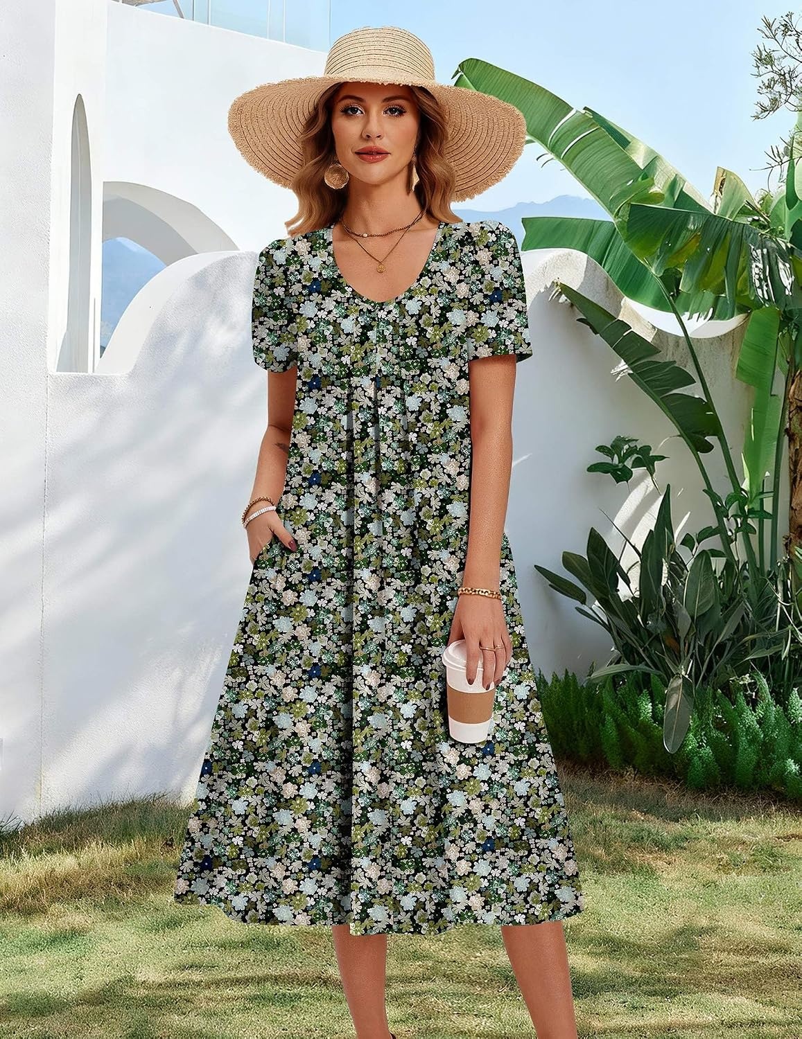 image:imageZeagoo Summer Casual Dress for Womens Floral Midi Sundress with PocketsGreen Floral