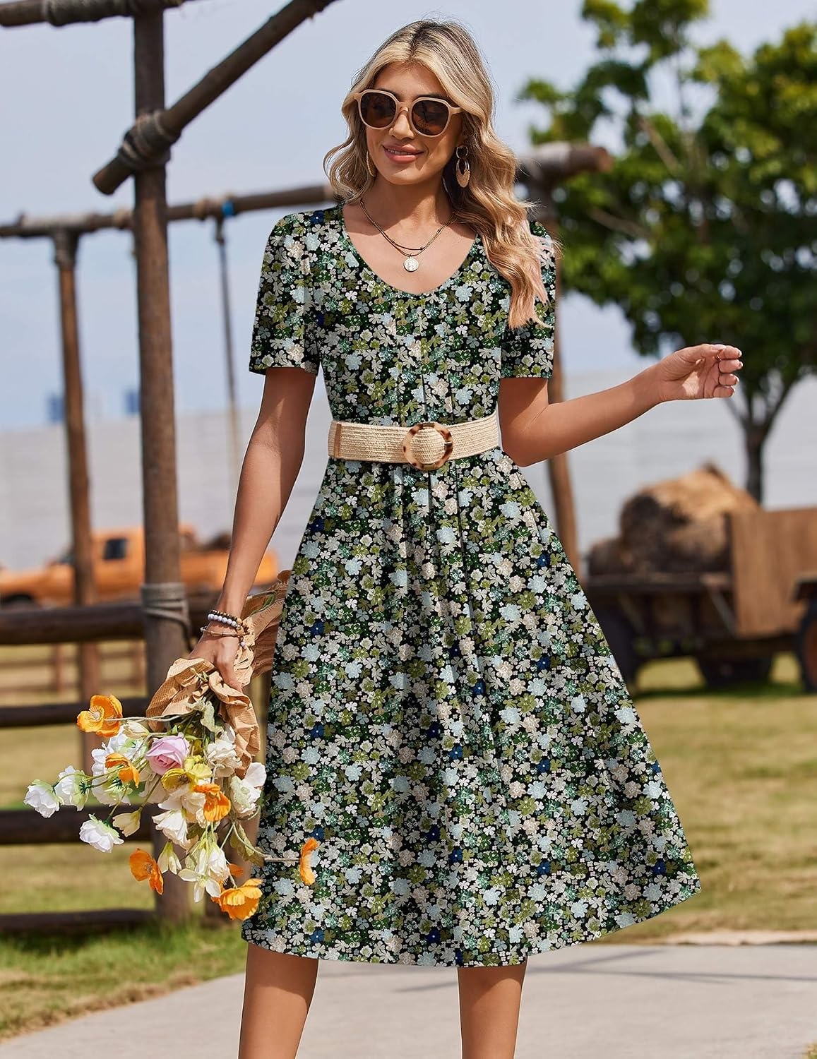 image:imageZeagoo Summer Casual Dress for Womens Floral Midi Sundress with PocketsGreen Floral
