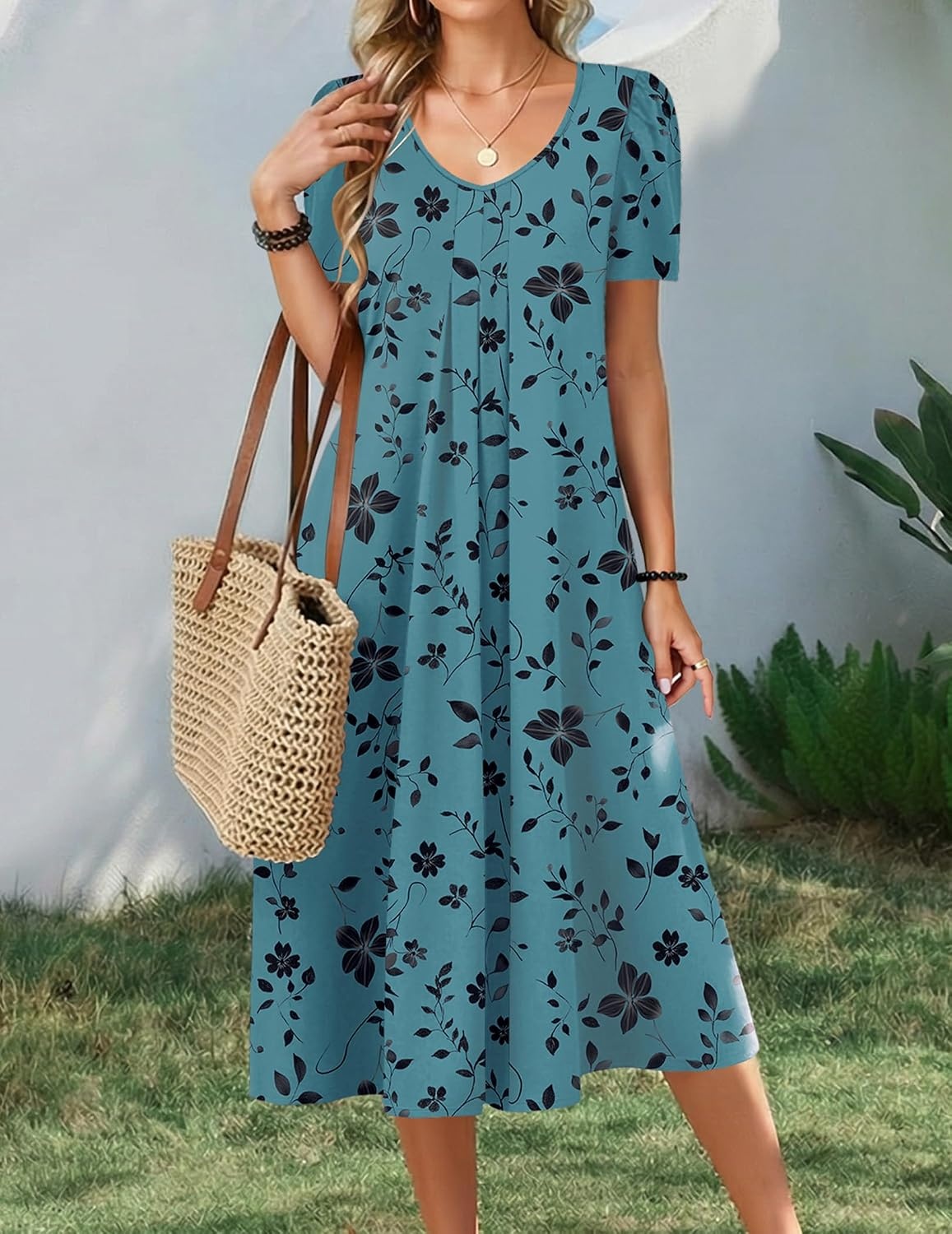 image:imageZeagoo Summer Casual Dress for Womens Floral Midi Sundress with PocketsLeafprinted