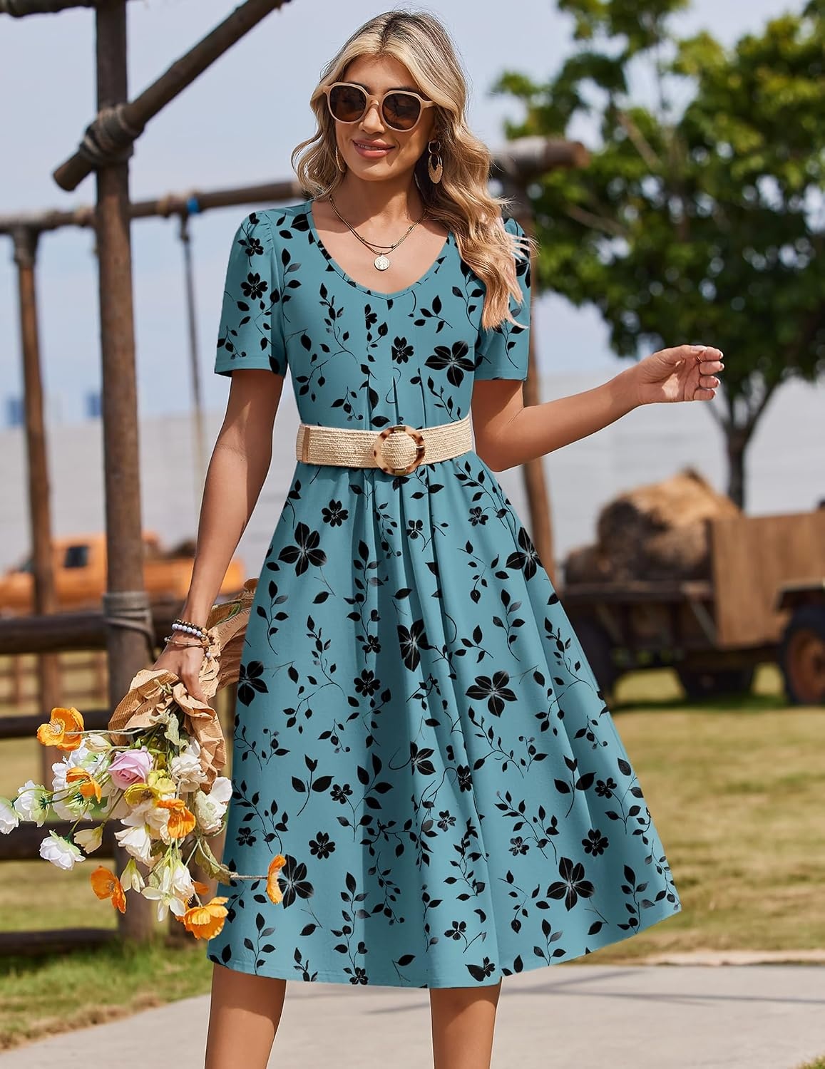 image:imageZeagoo Summer Casual Dress for Womens Floral Midi Sundress with PocketsLeafprinted