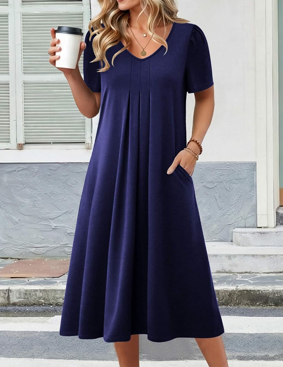 image:imageZeagoo Summer Casual Dress for Womens Floral Midi Sundress with PocketsNavy Blue