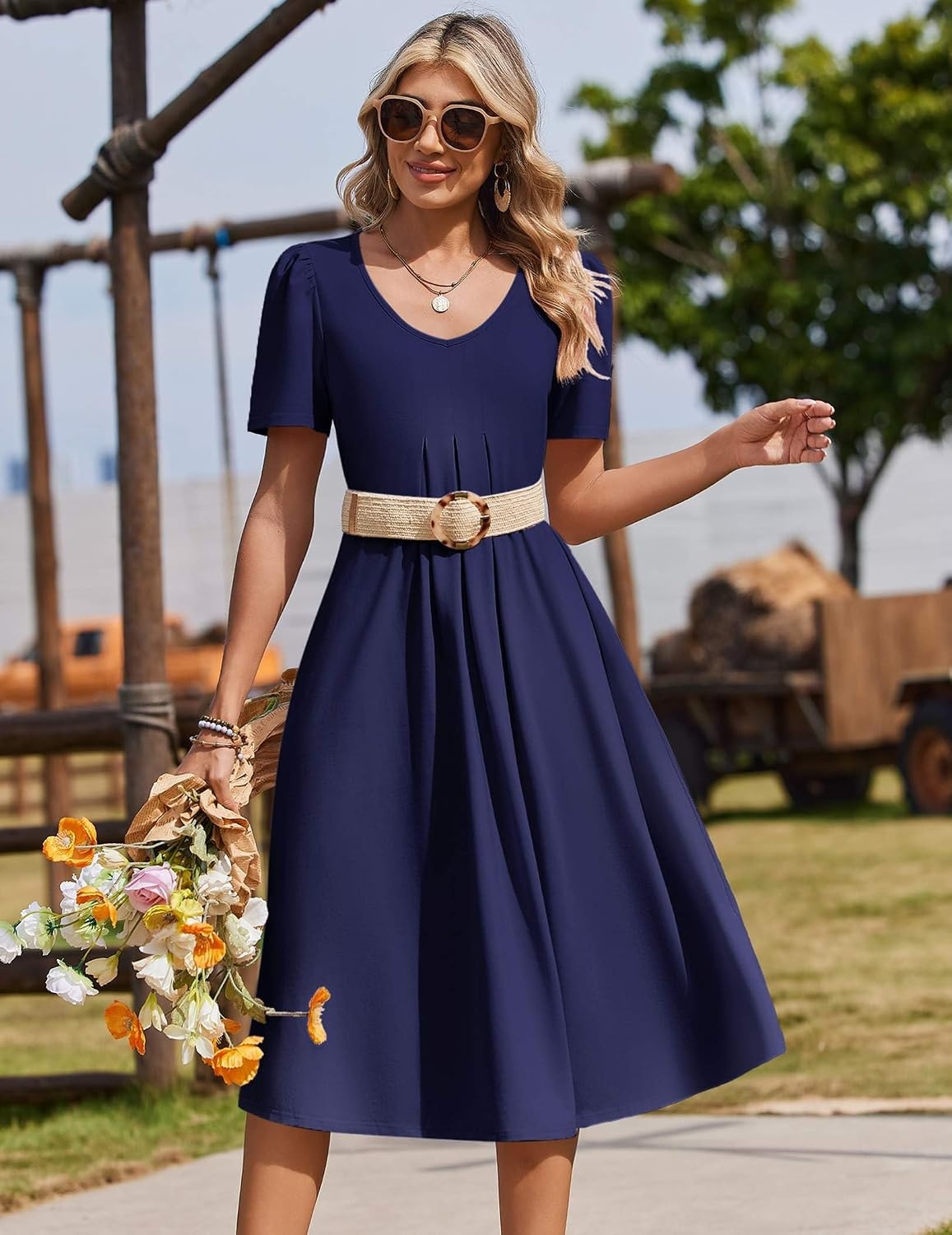 image:imageZeagoo Summer Casual Dress for Womens Floral Midi Sundress with PocketsNavy Blue