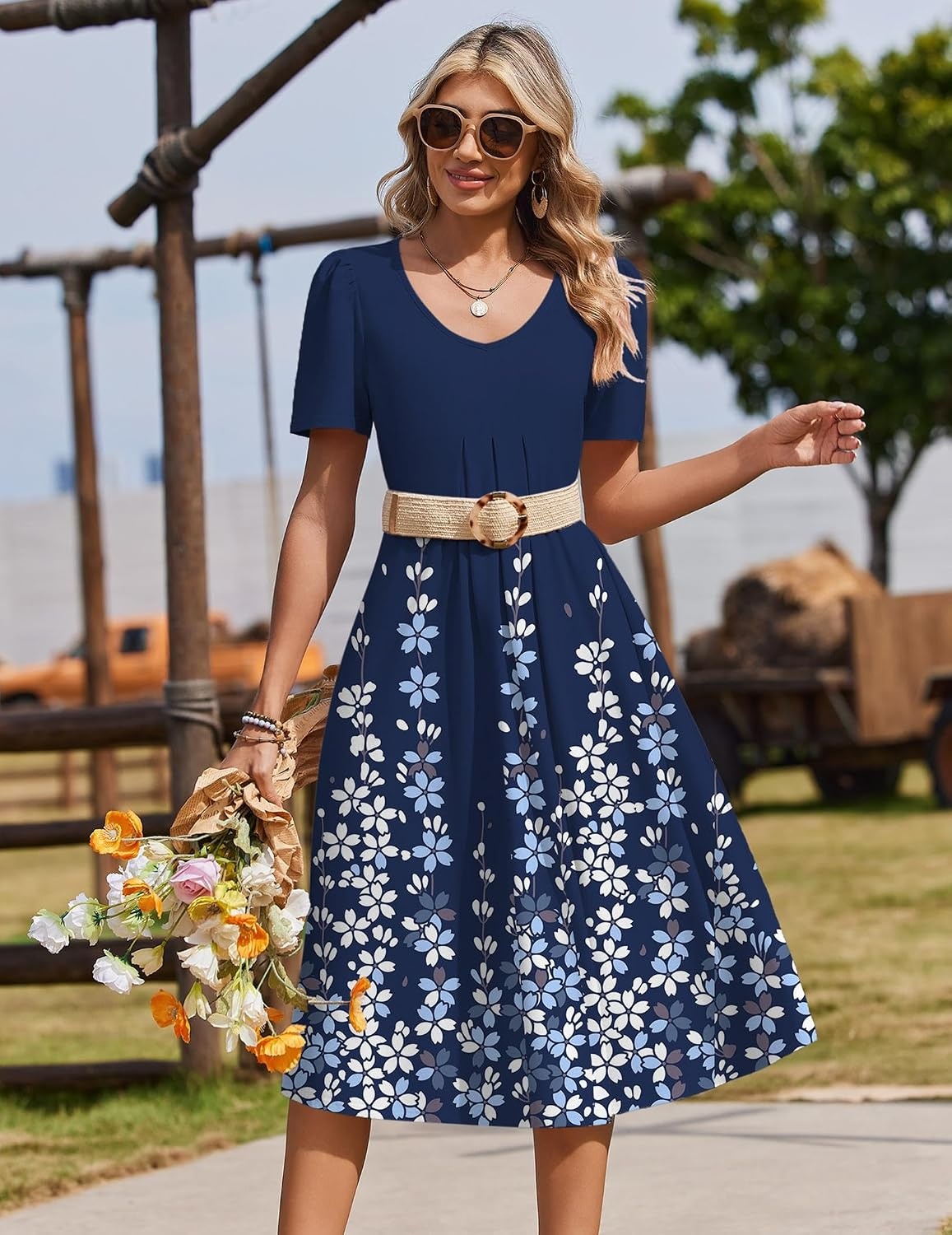 image:imageZeagoo Summer Casual Dress for Womens Floral Midi Sundress with PocketsNavy Floral