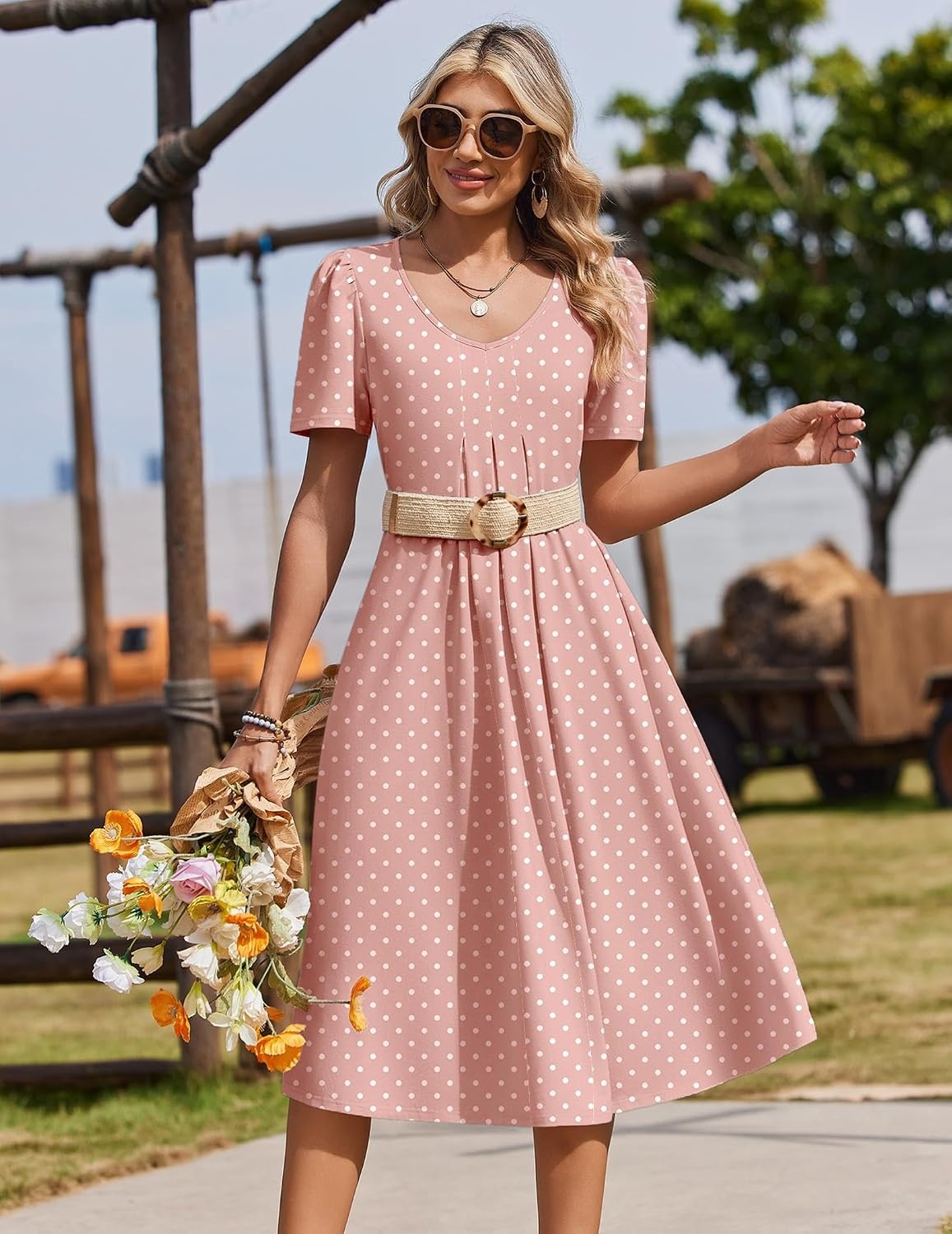 image:imageZeagoo Summer Casual Dress for Womens Floral Midi Sundress with PocketsPink Dot