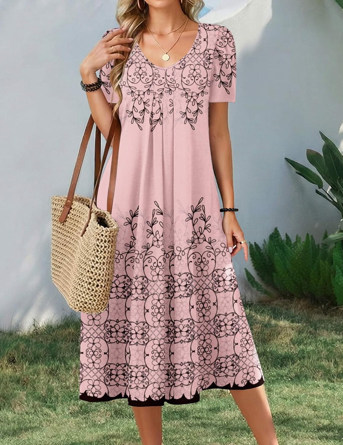 image:imageZeagoo Summer Casual Dress for Womens Floral Midi Sundress with PocketsPink Print1