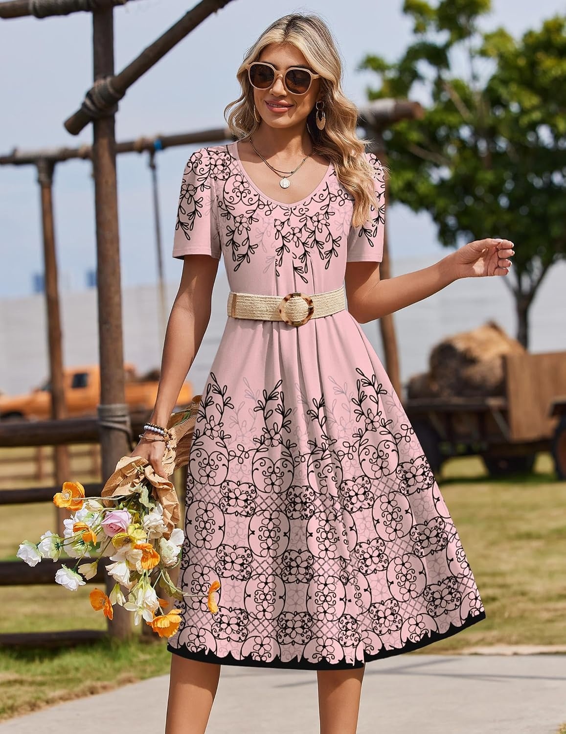 image:imageZeagoo Summer Casual Dress for Womens Floral Midi Sundress with PocketsPink Print1
