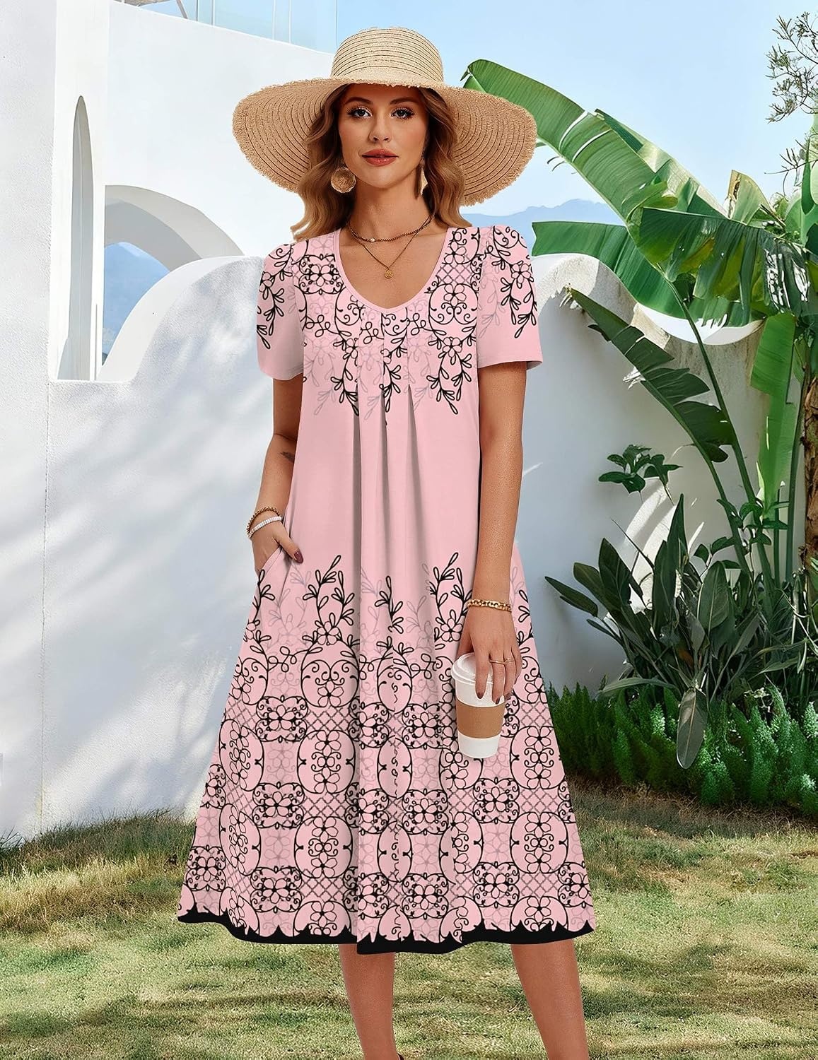 image:imageZeagoo Summer Casual Dress for Womens Floral Midi Sundress with PocketsPink Print1