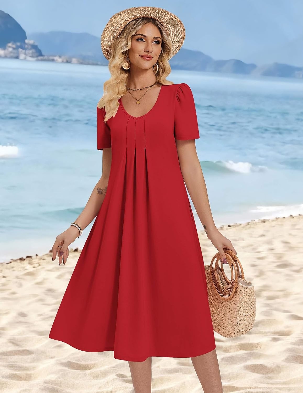 image:imageZeagoo Summer Casual Dress for Womens Floral Midi Sundress with PocketsRed