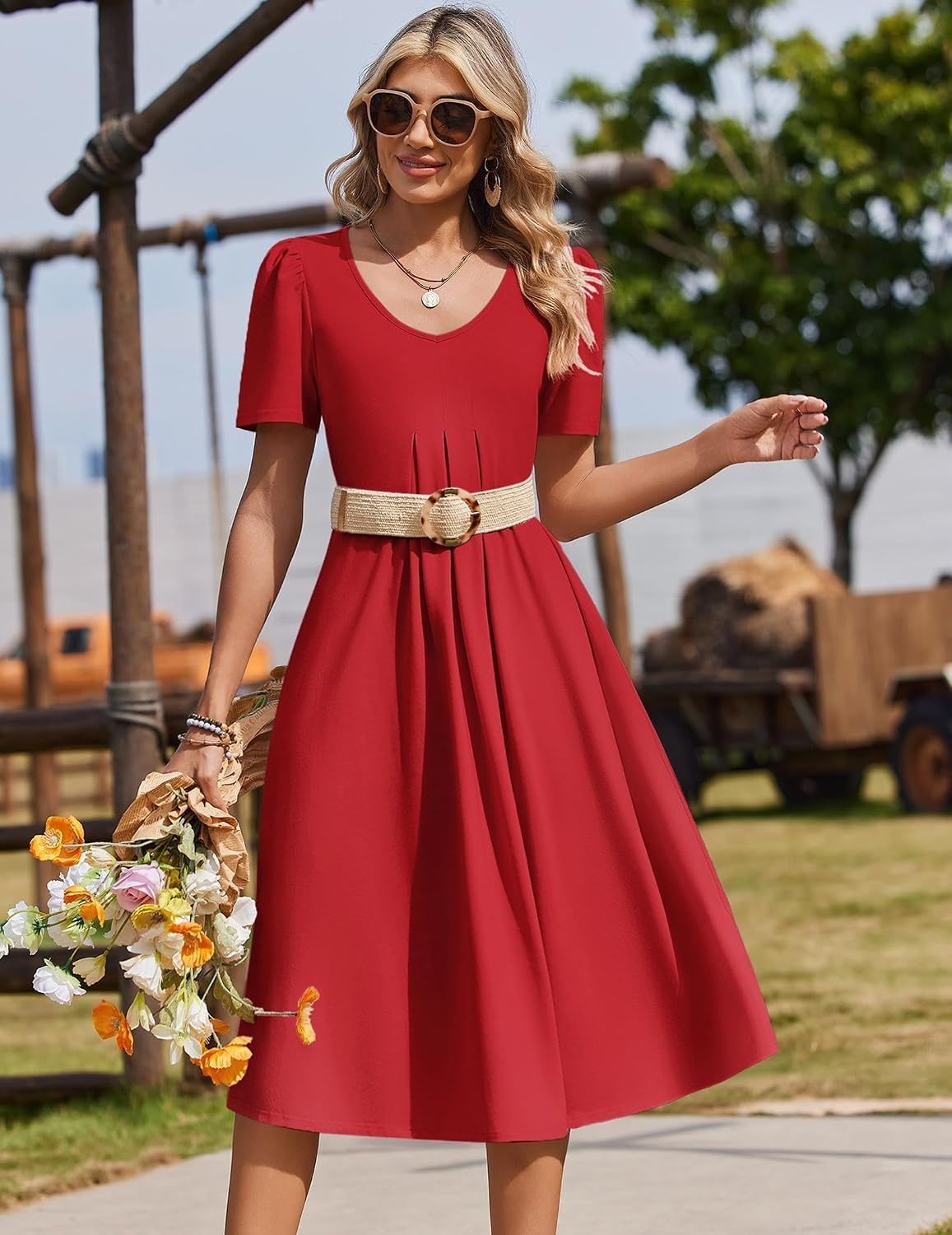 image:imageZeagoo Summer Casual Dress for Womens Floral Midi Sundress with PocketsRed