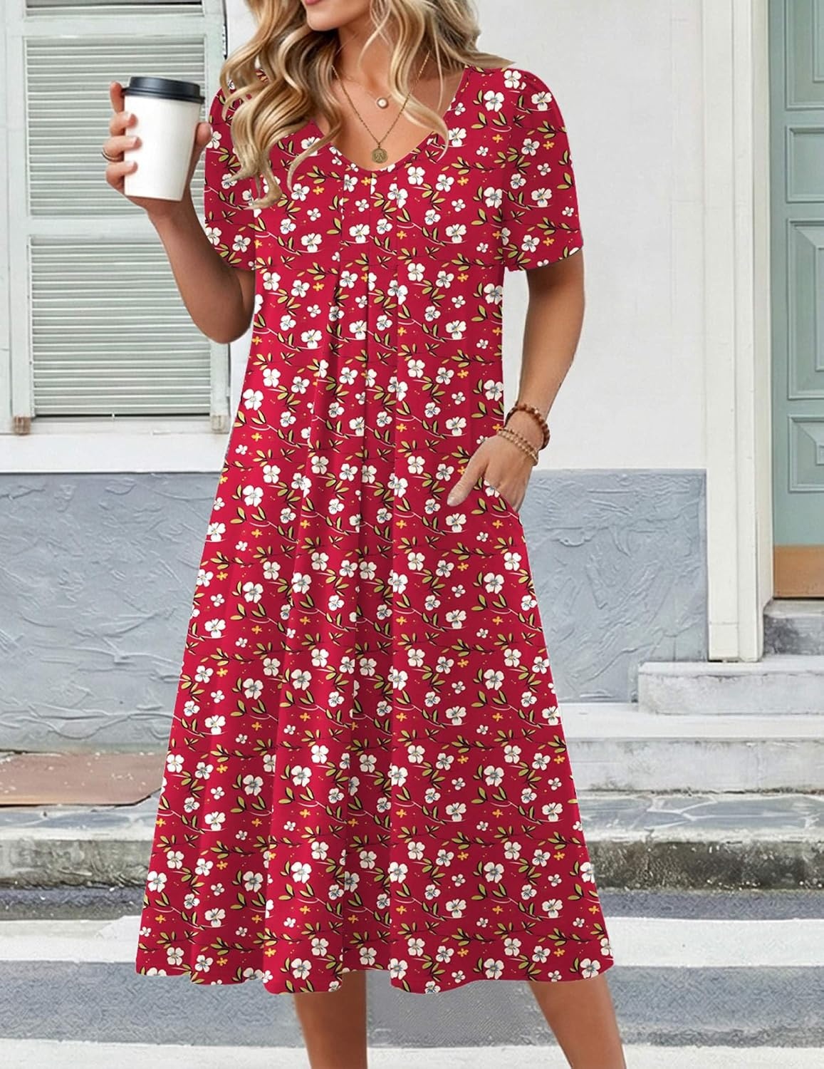 image:imageZeagoo Summer Casual Dress for Womens Floral Midi Sundress with PocketsRed Floral