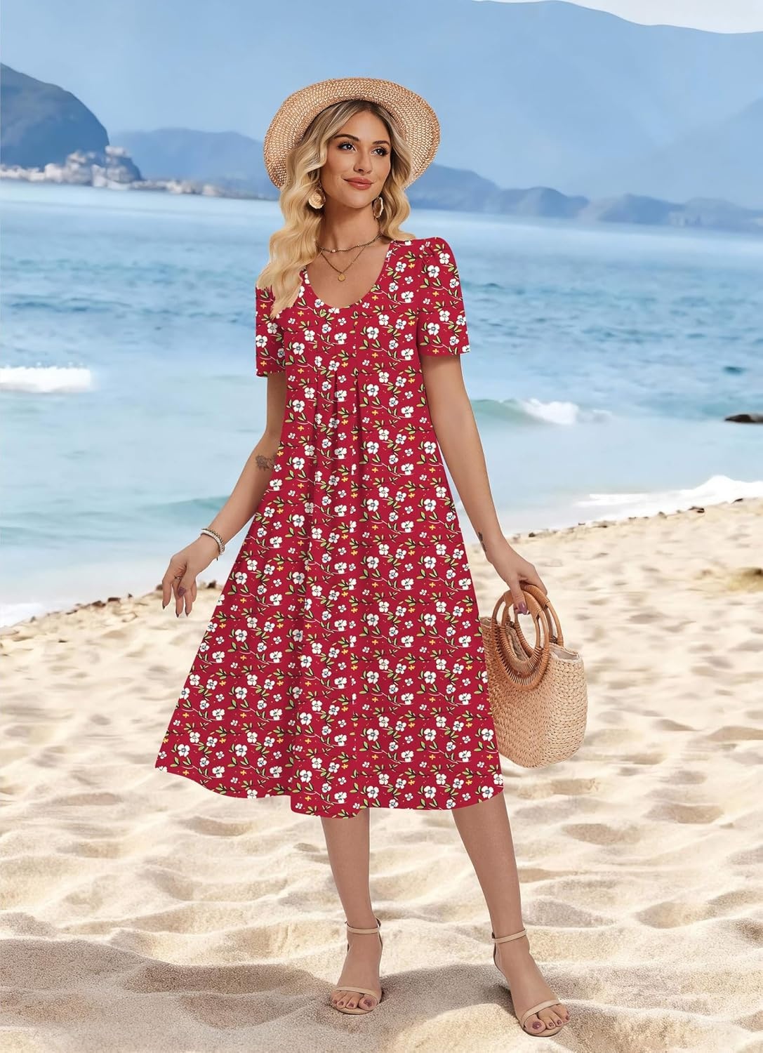 image:imageZeagoo Summer Casual Dress for Womens Floral Midi Sundress with PocketsRed Floral