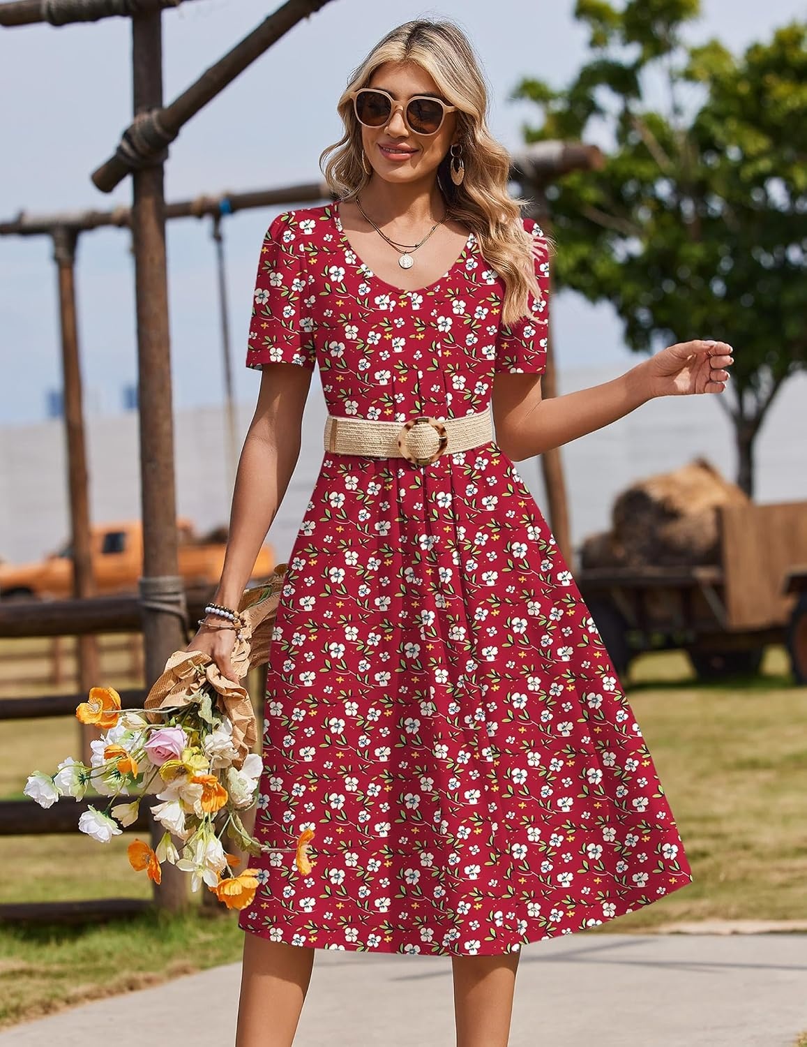 image:imageZeagoo Summer Casual Dress for Womens Floral Midi Sundress with PocketsRed Floral