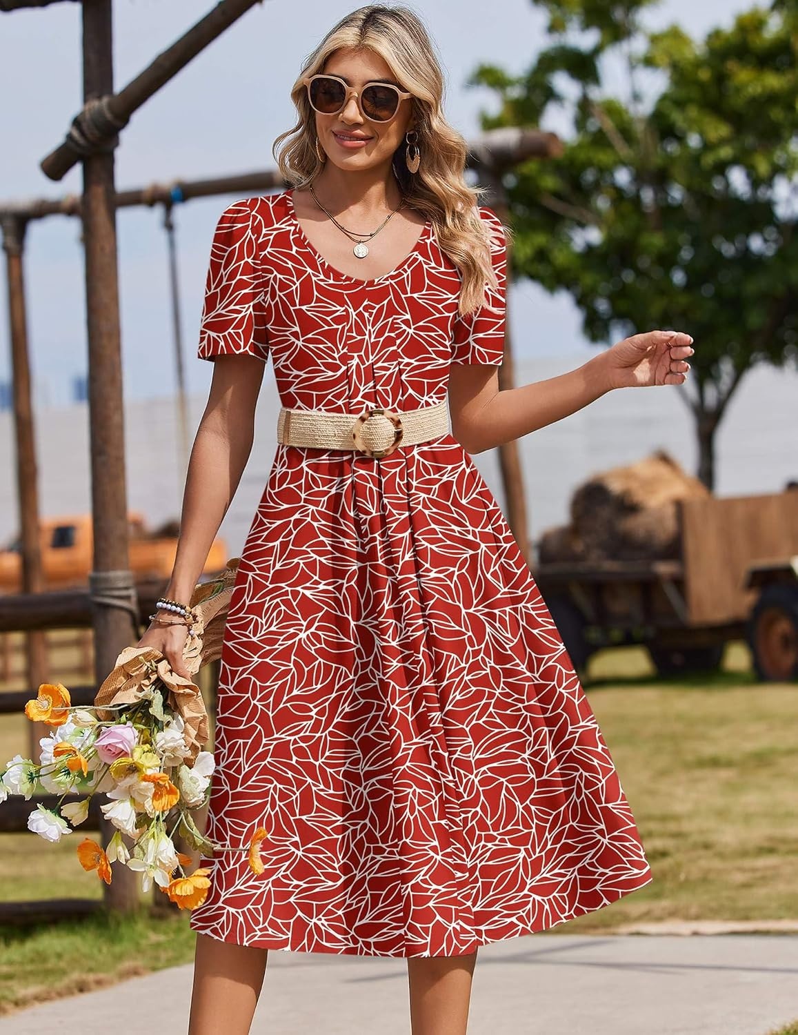 image:imageZeagoo Summer Casual Dress for Womens Floral Midi Sundress with PocketsRed Printed