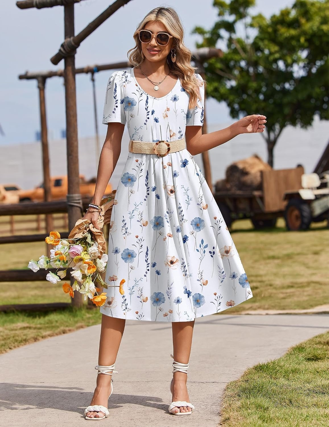 image:imageZeagoo Summer Casual Dress for Womens Floral Midi Sundress with PocketsWhite Floral