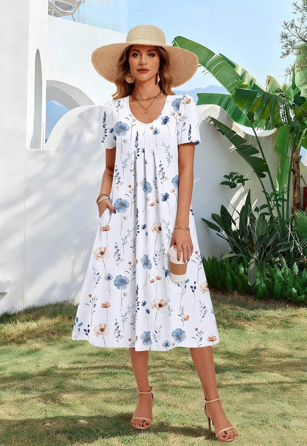image:imageZeagoo Summer Casual Dress for Womens Floral Midi Sundress with PocketsWhite Floral