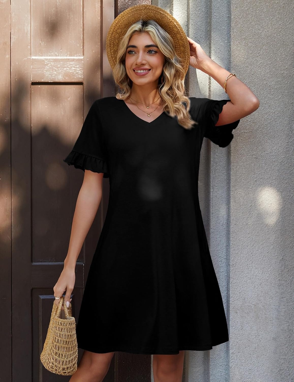 image:imageZeagoo Summer Casual Dresses for Women A Line Sun Dress Ruffle Short Sleeve V Neck Floral Tshirt Dress with PocketsBlack