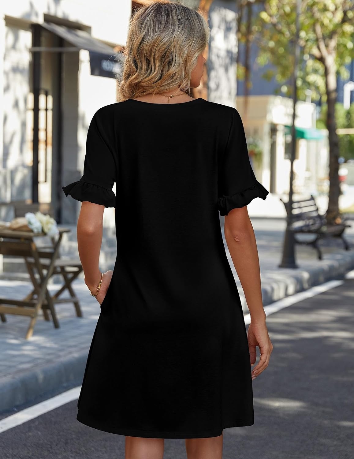 image:imageZeagoo Summer Casual Dresses for Women A Line Sun Dress Ruffle Short Sleeve V Neck Floral Tshirt Dress with PocketsBlack