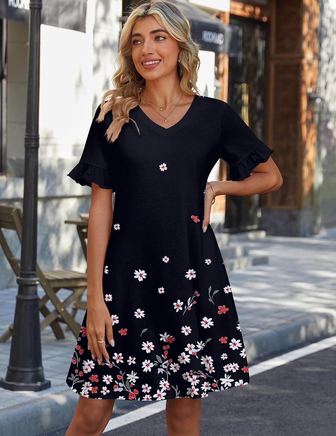 image:imageZeagoo Summer Casual Dresses for Women A Line Sun Dress Ruffle Short Sleeve V Neck Floral Tshirt Dress with PocketsBlack Floralprinted