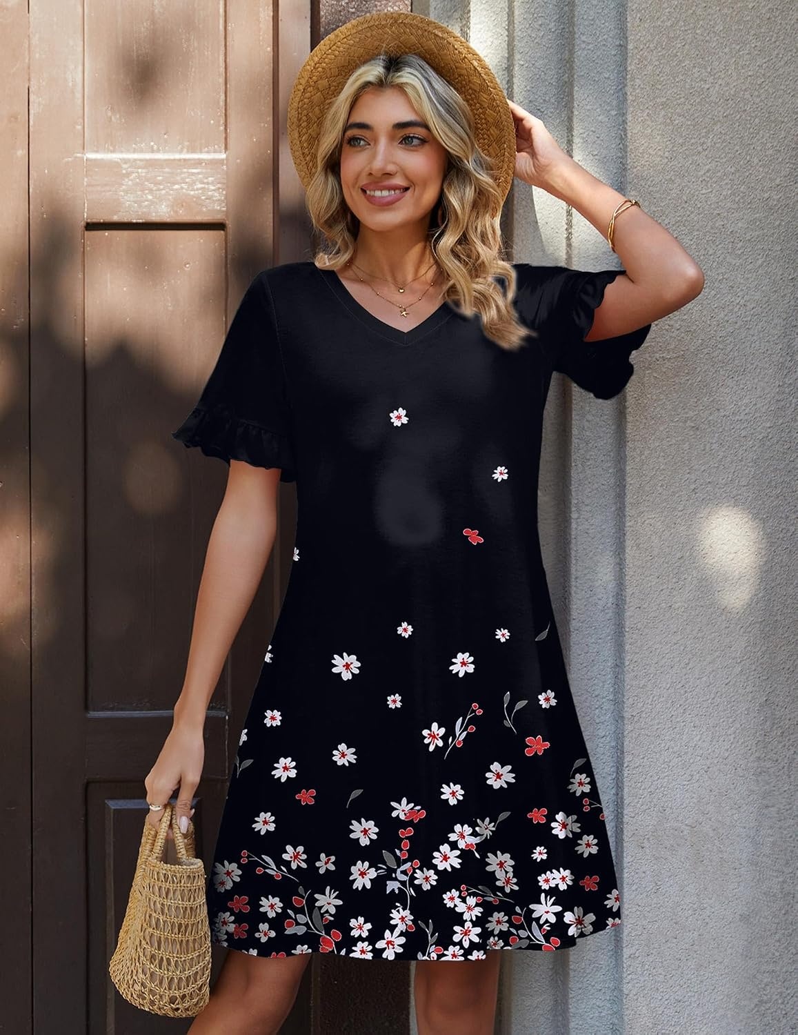 image:imageZeagoo Summer Casual Dresses for Women A Line Sun Dress Ruffle Short Sleeve V Neck Floral Tshirt Dress with PocketsBlack Floralprinted