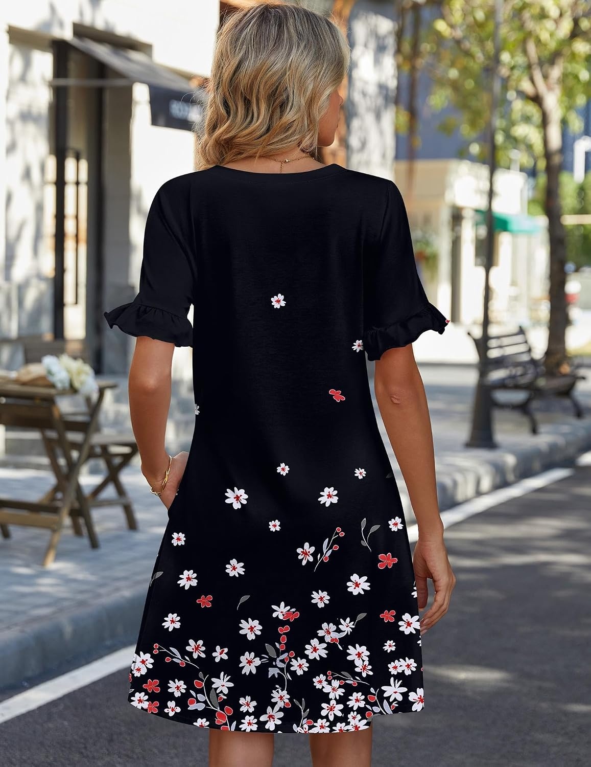 image:imageZeagoo Summer Casual Dresses for Women A Line Sun Dress Ruffle Short Sleeve V Neck Floral Tshirt Dress with PocketsBlack Floralprinted