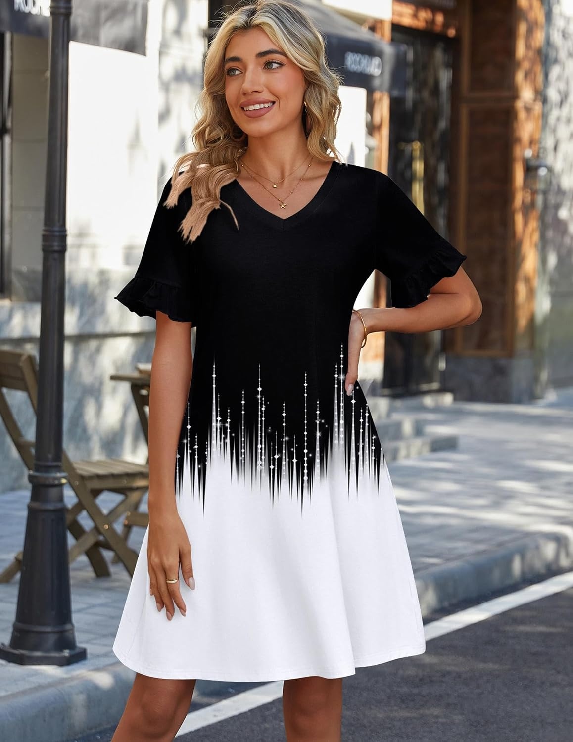 image:imageZeagoo Summer Casual Dresses for Women A Line Sun Dress Ruffle Short Sleeve V Neck Floral Tshirt Dress with PocketsBlack White Printed