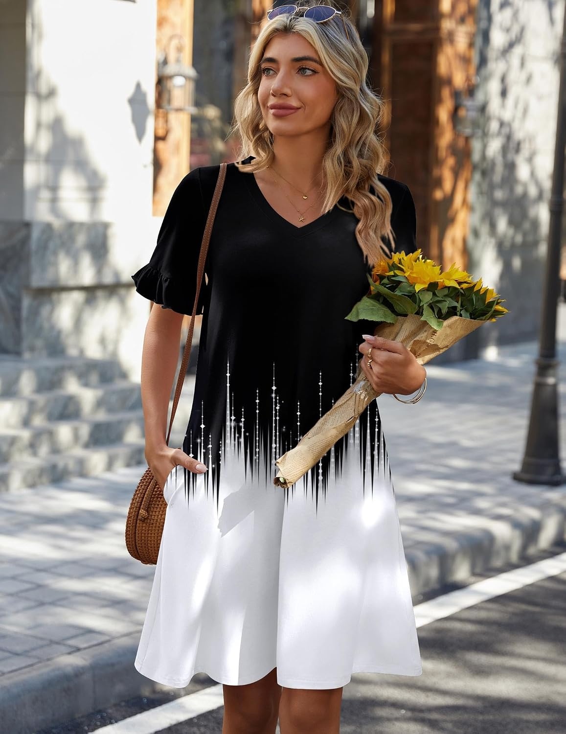 image:imageZeagoo Summer Casual Dresses for Women A Line Sun Dress Ruffle Short Sleeve V Neck Floral Tshirt Dress with PocketsBlack White Printed