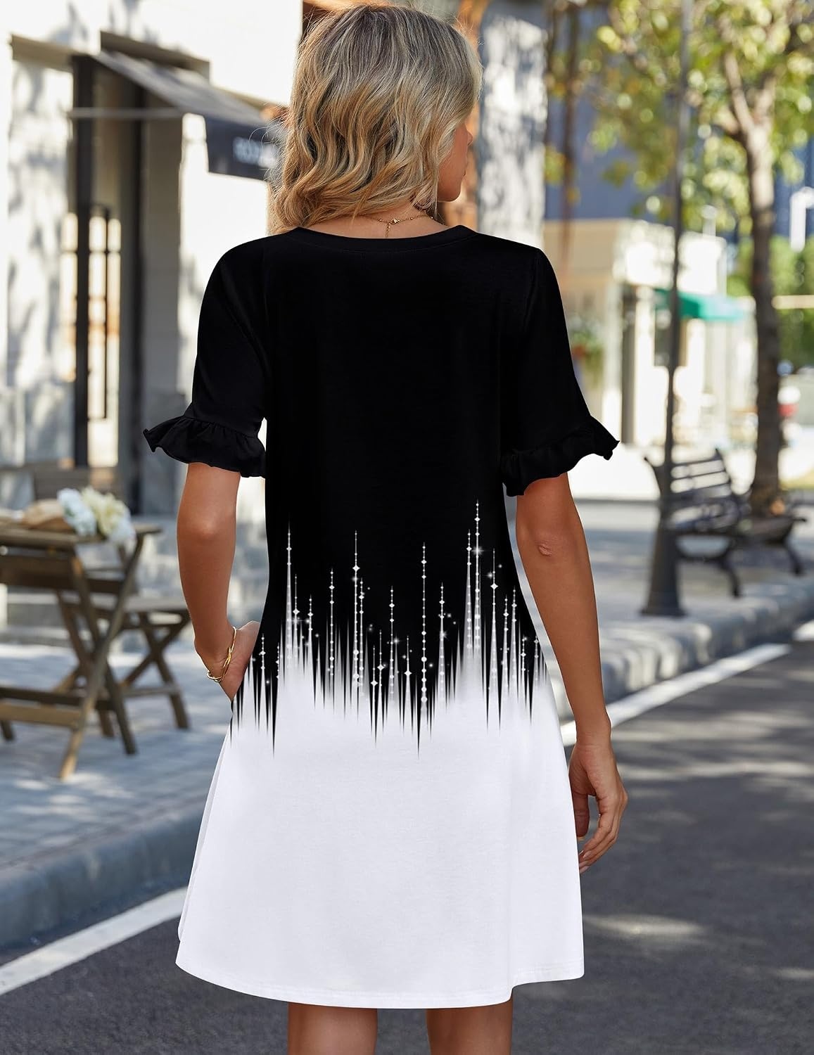 image:imageZeagoo Summer Casual Dresses for Women A Line Sun Dress Ruffle Short Sleeve V Neck Floral Tshirt Dress with PocketsBlack White Printed