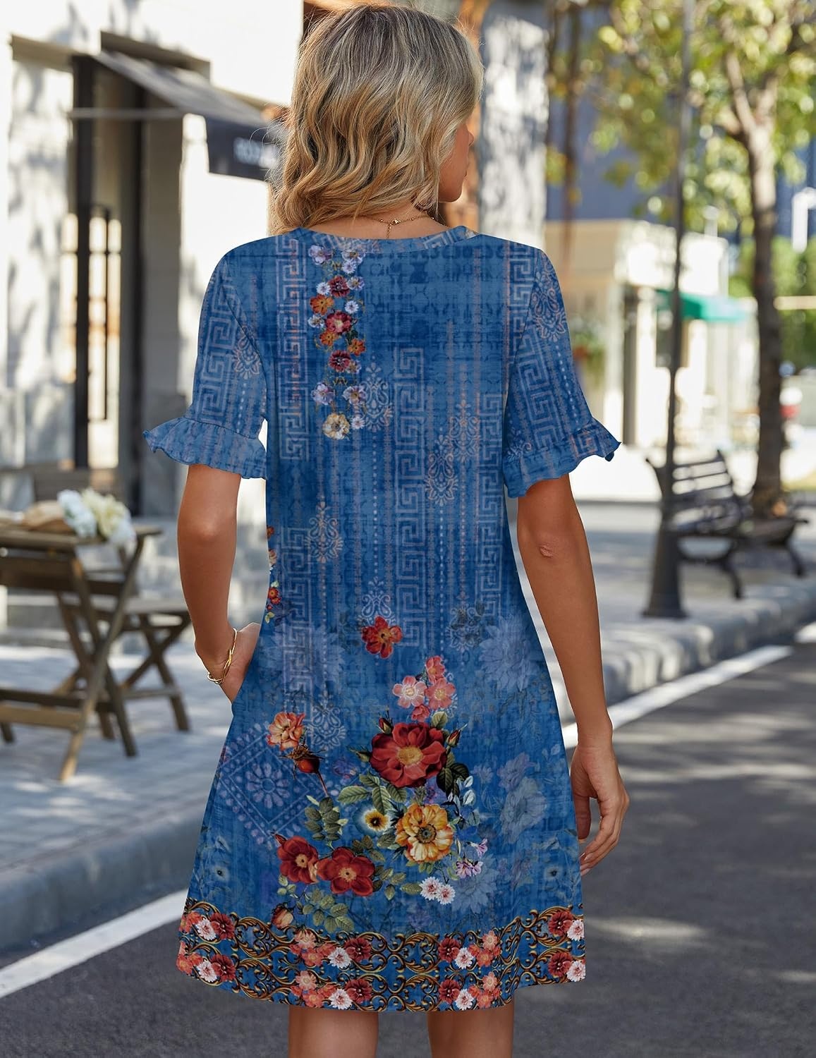 image:imageZeagoo Summer Casual Dresses for Women A Line Sun Dress Ruffle Short Sleeve V Neck Floral Tshirt Dress with PocketsBlue Floralprinted