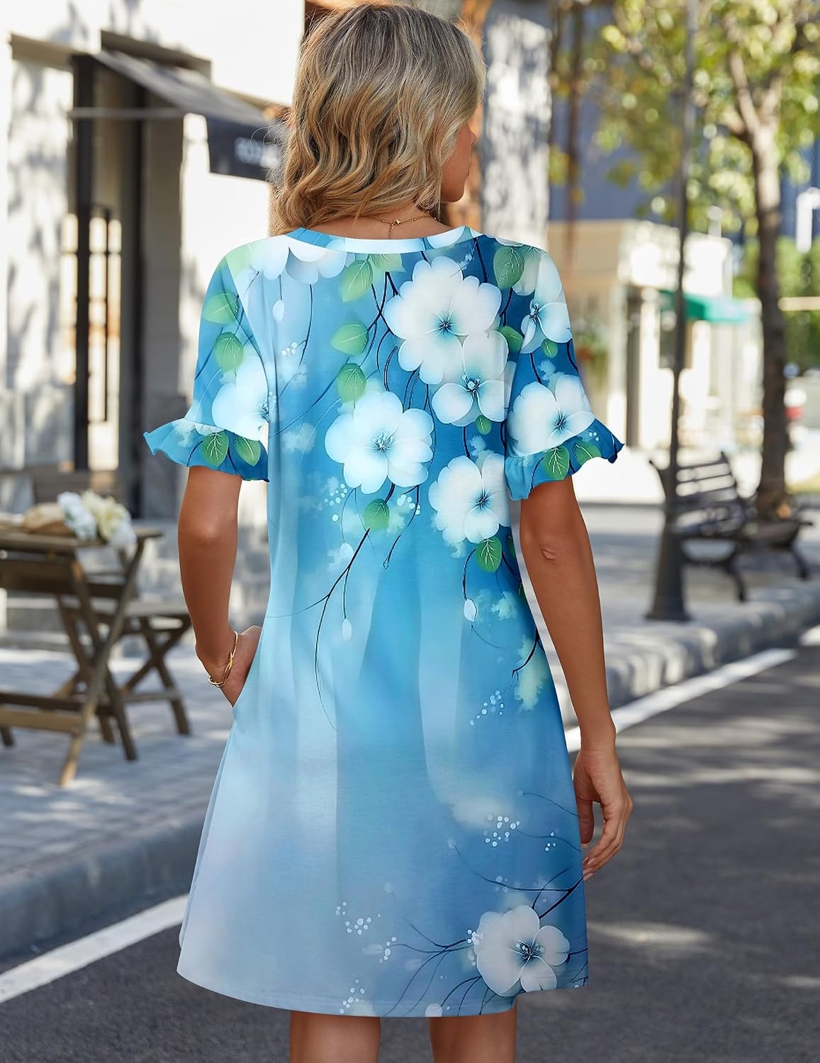 image:imageZeagoo Summer Casual Dresses for Women A Line Sun Dress Ruffle Short Sleeve V Neck Floral Tshirt Dress with PocketsBlue White Floral