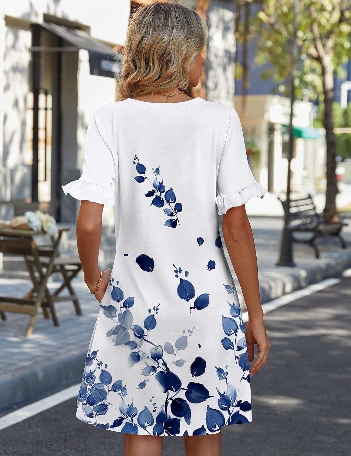 image:imageZeagoo Summer Casual Dresses for Women A Line Sun Dress Ruffle Short Sleeve V Neck Floral Tshirt Dress with PocketsBlue Whiteprint