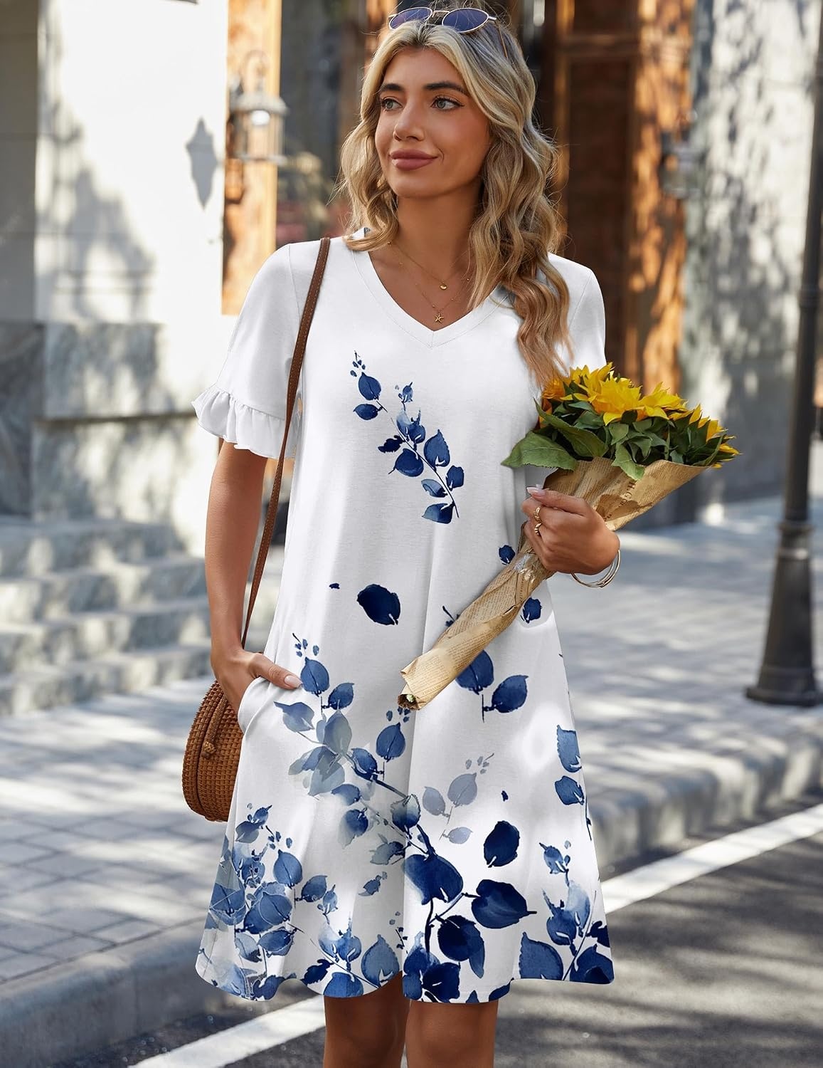 image:imageZeagoo Summer Casual Dresses for Women A Line Sun Dress Ruffle Short Sleeve V Neck Floral Tshirt Dress with PocketsBlue Whiteprint