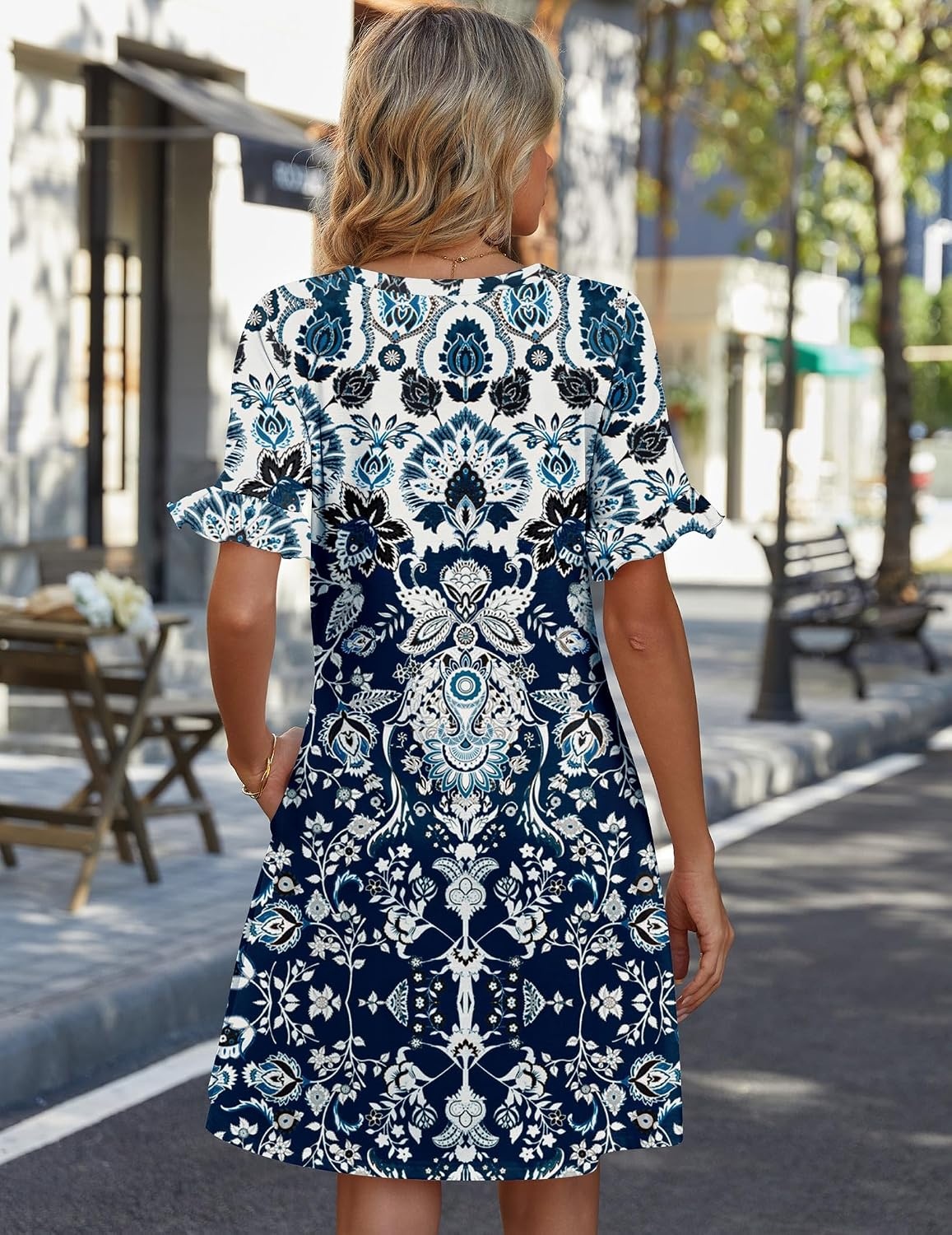 image:imageZeagoo Summer Casual Dresses for Women A Line Sun Dress Ruffle Short Sleeve V Neck Floral Tshirt Dress with PocketsBohoprinted