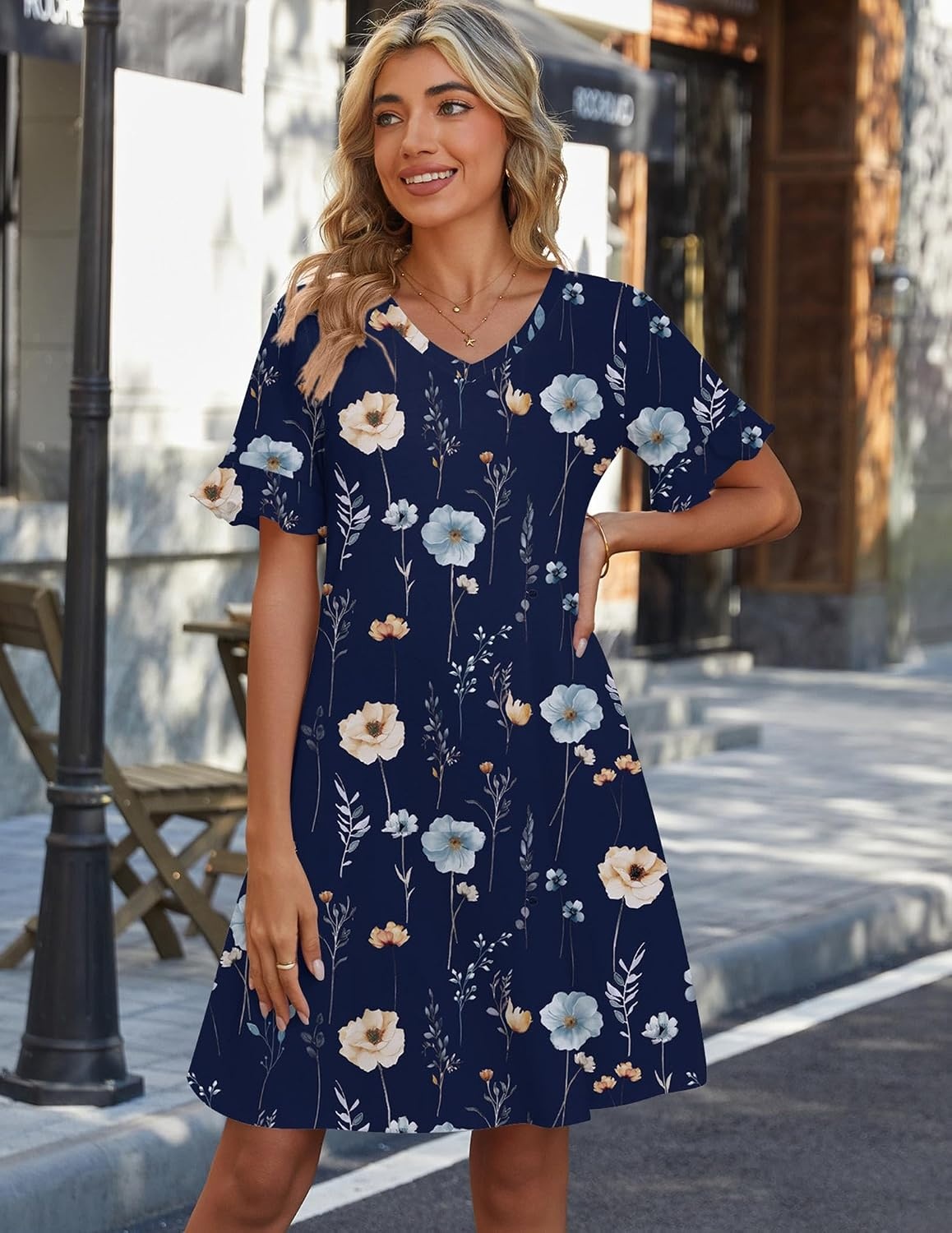 image:imageZeagoo Summer Casual Dresses for Women A Line Sun Dress Ruffle Short Sleeve V Neck Floral Tshirt Dress with PocketsDark Blue Floral