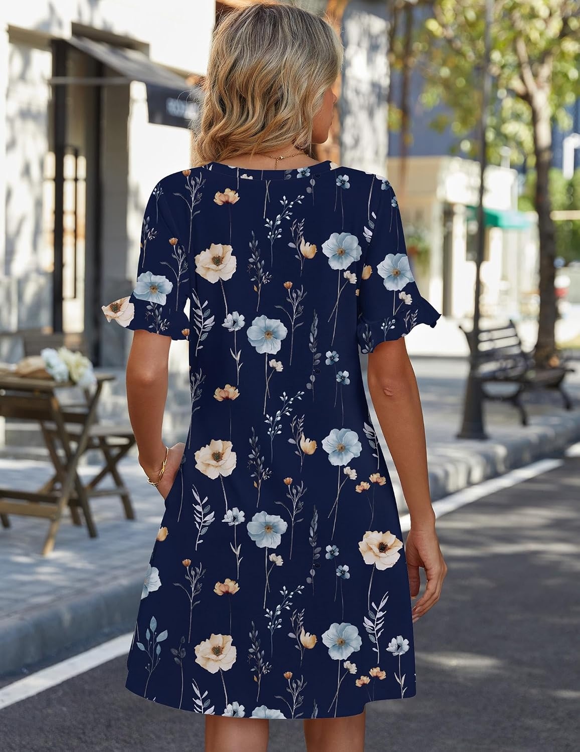 image:imageZeagoo Summer Casual Dresses for Women A Line Sun Dress Ruffle Short Sleeve V Neck Floral Tshirt Dress with PocketsDark Blue Floral