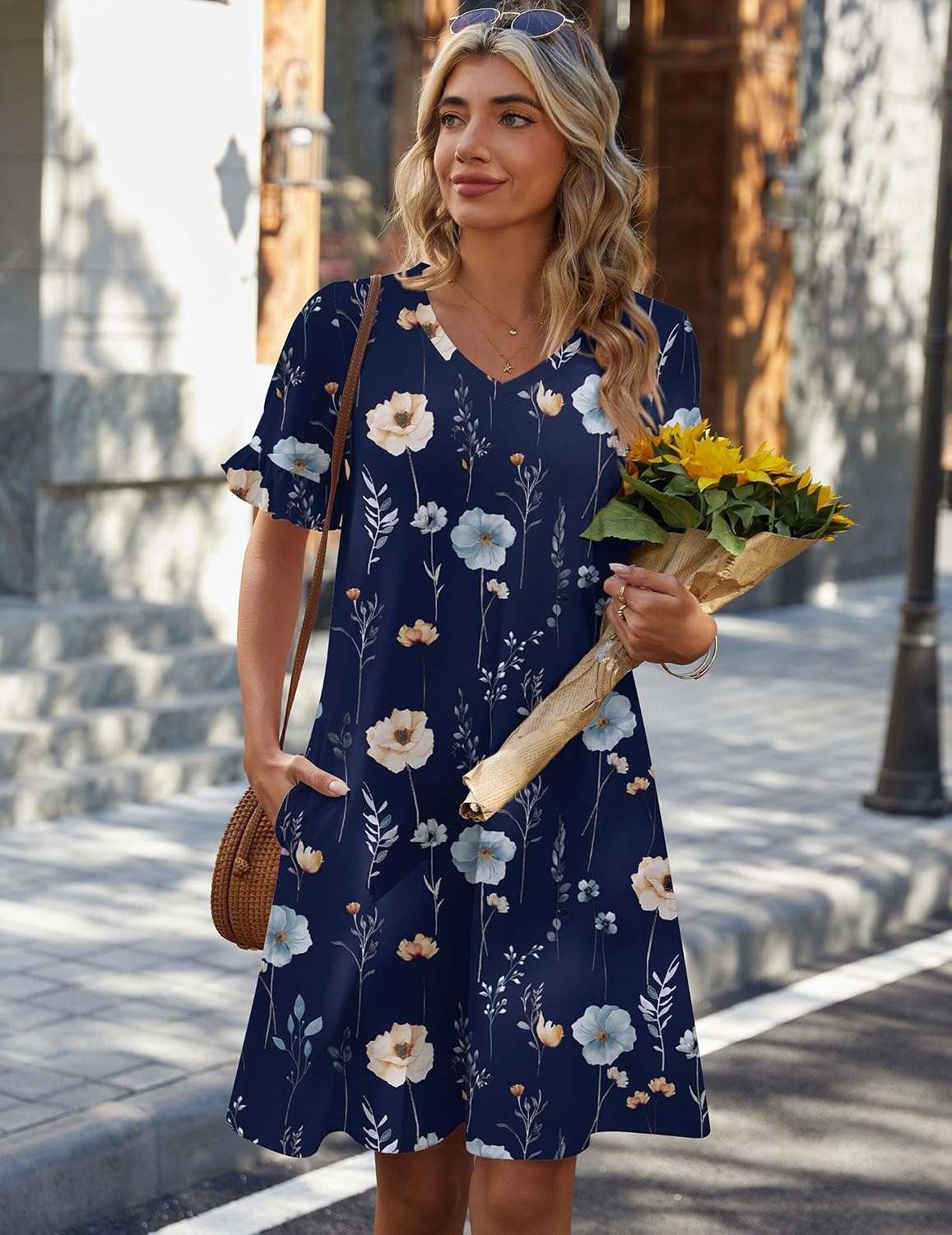 image:imageZeagoo Summer Casual Dresses for Women A Line Sun Dress Ruffle Short Sleeve V Neck Floral Tshirt Dress with PocketsDark Blue Floral