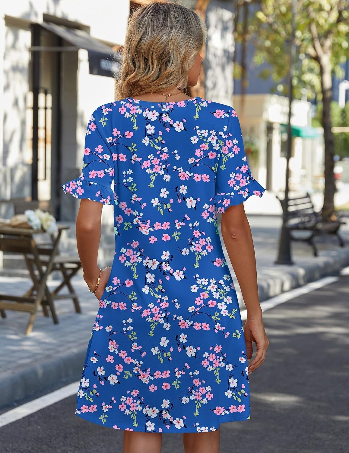 image:imageZeagoo Summer Casual Dresses for Women A Line Sun Dress Ruffle Short Sleeve V Neck Floral Tshirt Dress with PocketsFloral Print