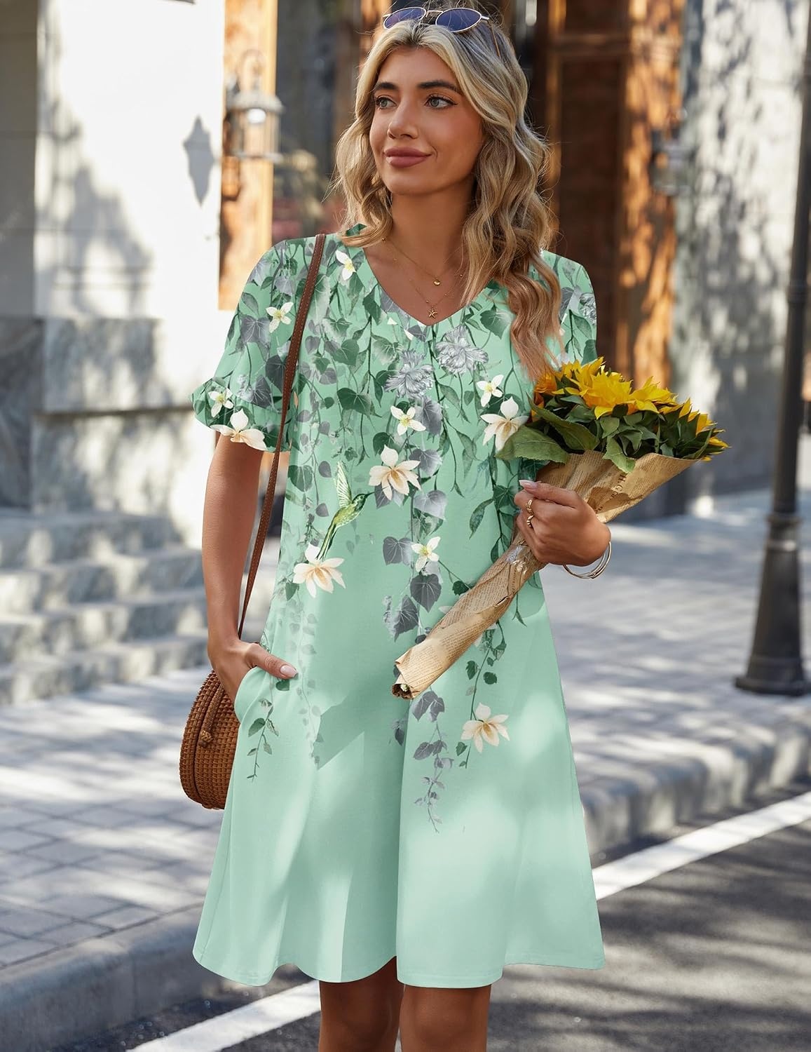 image:imageZeagoo Summer Casual Dresses for Women A Line Sun Dress Ruffle Short Sleeve V Neck Floral Tshirt Dress with PocketsFloral Printed2
