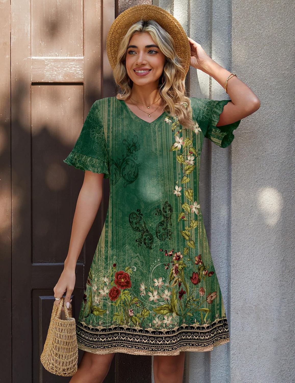 image:imageZeagoo Summer Casual Dresses for Women A Line Sun Dress Ruffle Short Sleeve V Neck Floral Tshirt Dress with PocketsGreen Floral