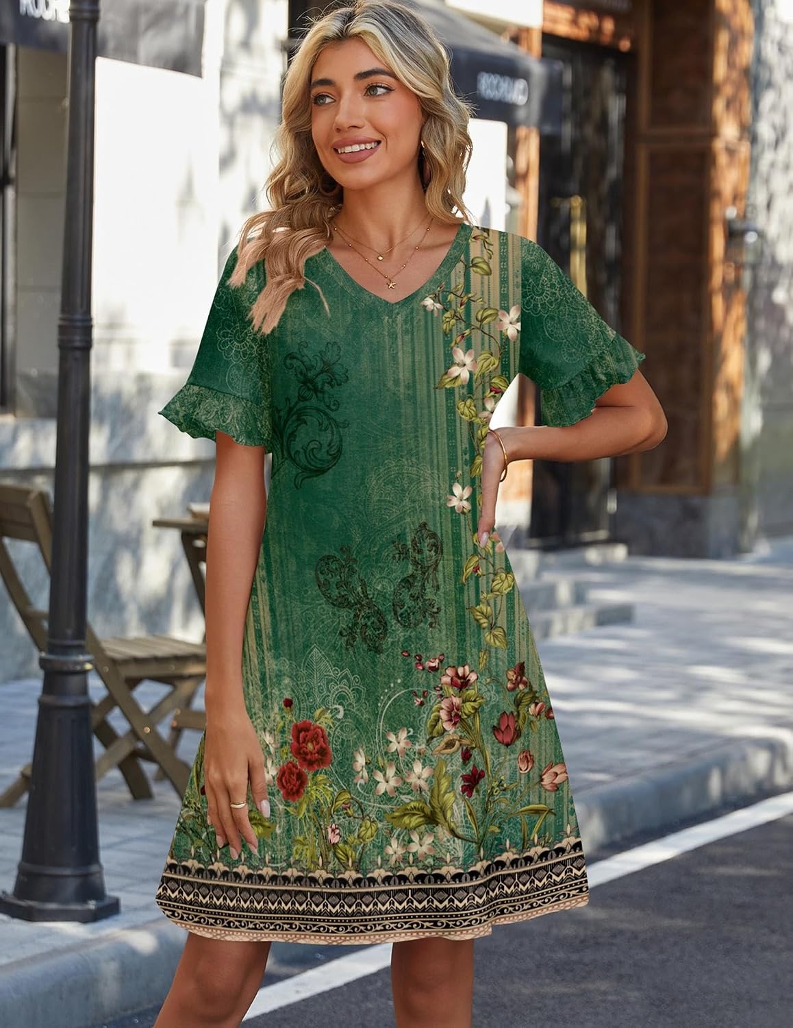 image:imageZeagoo Summer Casual Dresses for Women A Line Sun Dress Ruffle Short Sleeve V Neck Floral Tshirt Dress with PocketsGreen Floral