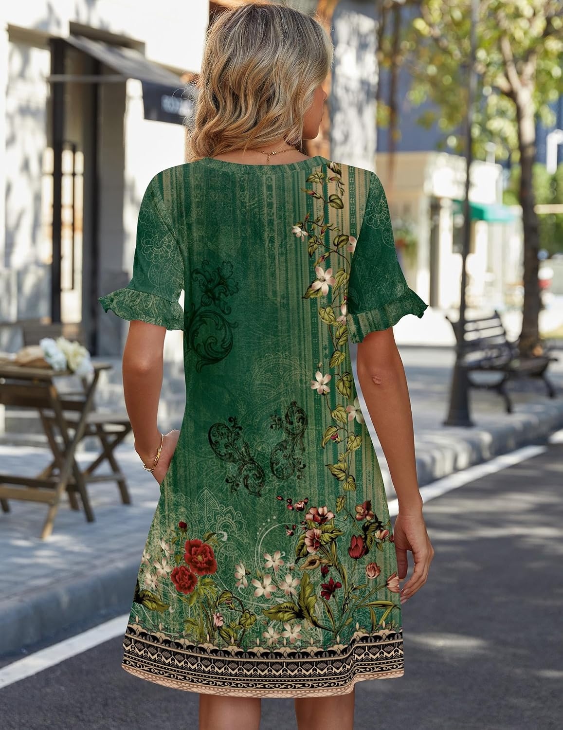 image:imageZeagoo Summer Casual Dresses for Women A Line Sun Dress Ruffle Short Sleeve V Neck Floral Tshirt Dress with PocketsGreen Floral