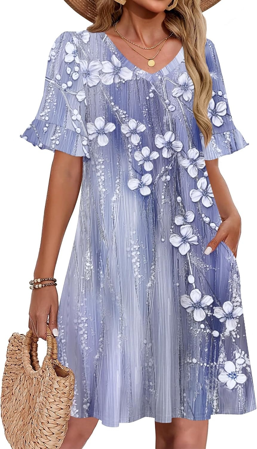 image:imageZeagoo Summer Casual Dresses for Women A Line Sun Dress Ruffle Short Sleeve V Neck Floral Tshirt Dress with PocketsGrey Floralprinted