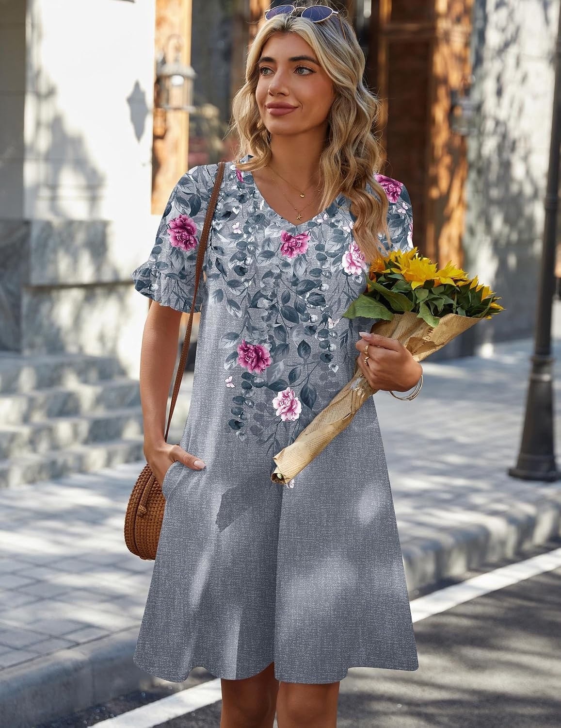 image:imageZeagoo Summer Casual Dresses for Women A Line Sun Dress Ruffle Short Sleeve V Neck Floral Tshirt Dress with PocketsGrey Red Floral