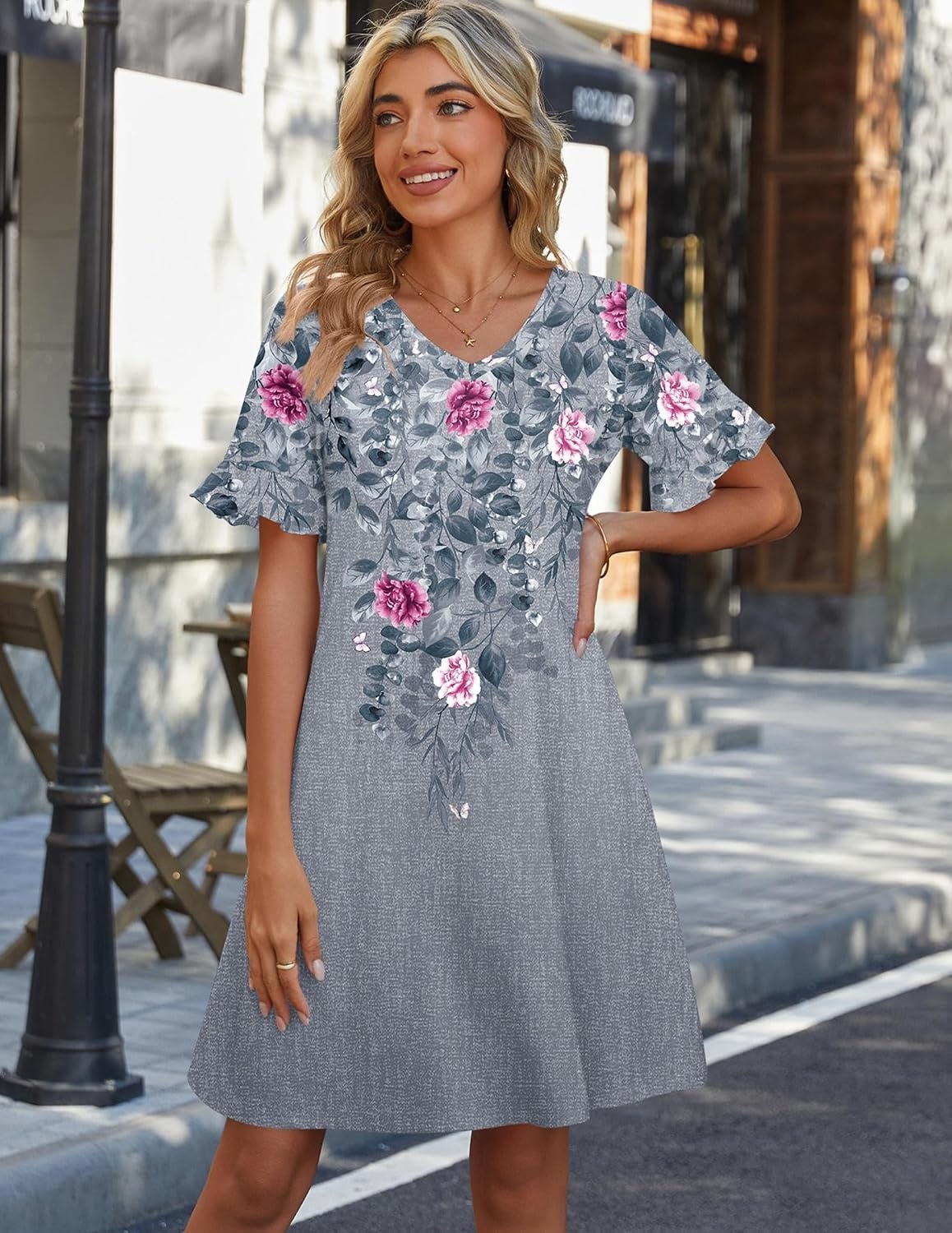 image:imageZeagoo Summer Casual Dresses for Women A Line Sun Dress Ruffle Short Sleeve V Neck Floral Tshirt Dress with PocketsGrey Red Floral