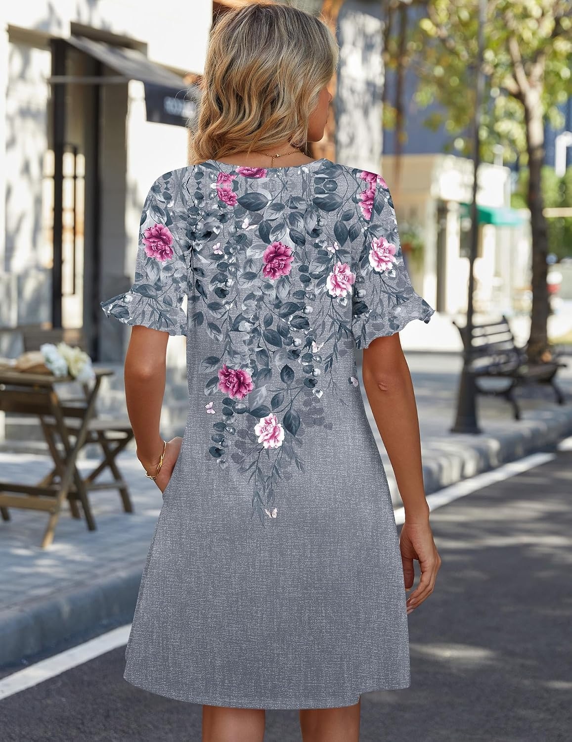image:imageZeagoo Summer Casual Dresses for Women A Line Sun Dress Ruffle Short Sleeve V Neck Floral Tshirt Dress with PocketsGrey Red Floral