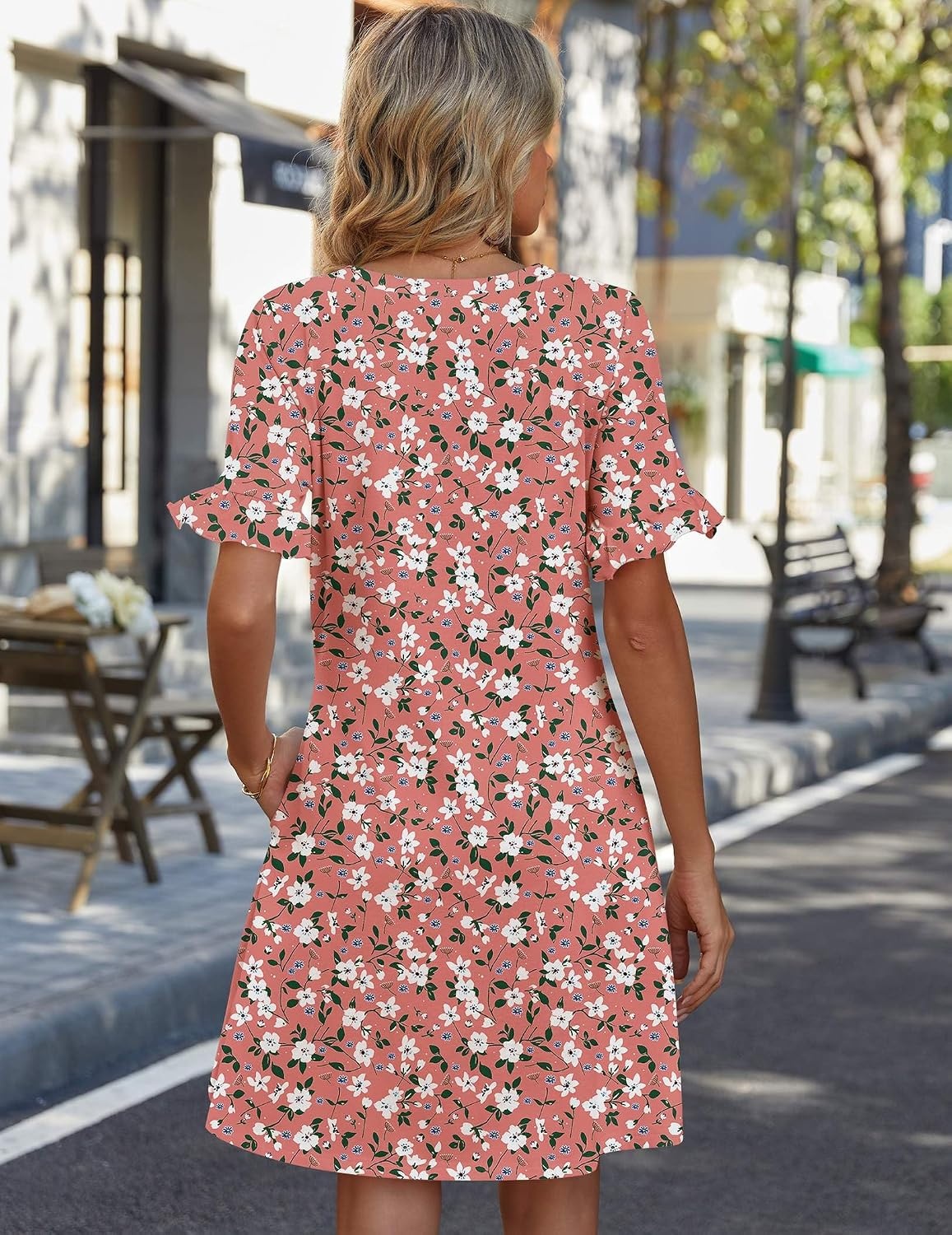 image:imageZeagoo Summer Casual Dresses for Women A Line Sun Dress Ruffle Short Sleeve V Neck Floral Tshirt Dress with PocketsPink Floral