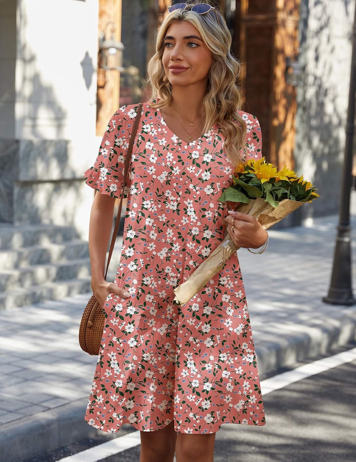 image:imageZeagoo Summer Casual Dresses for Women A Line Sun Dress Ruffle Short Sleeve V Neck Floral Tshirt Dress with PocketsPink Floral