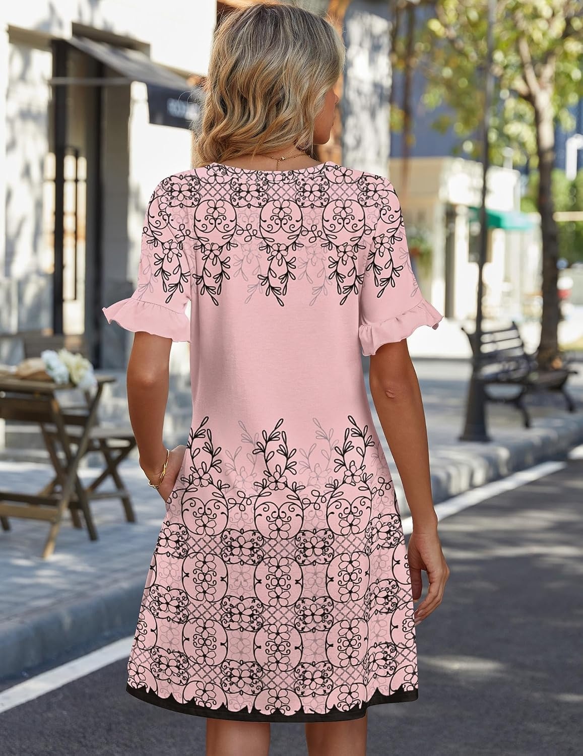 image:imageZeagoo Summer Casual Dresses for Women A Line Sun Dress Ruffle Short Sleeve V Neck Floral Tshirt Dress with PocketsPinkprinted