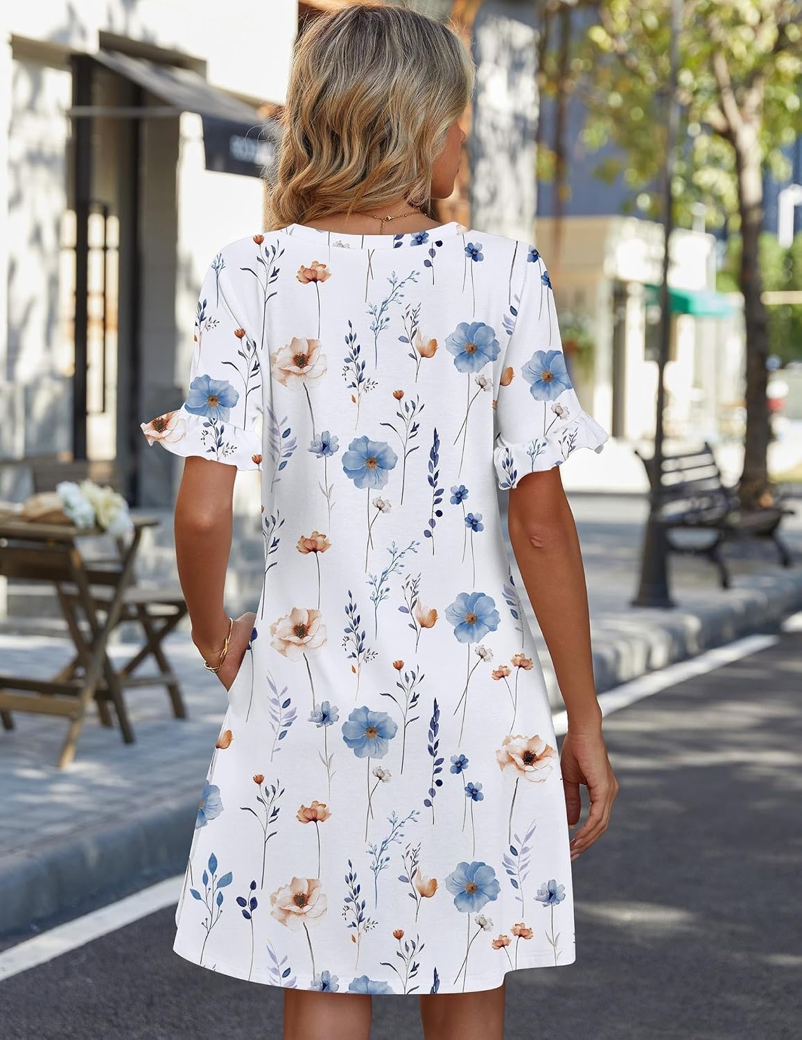 image:imageZeagoo Summer Casual Dresses for Women A Line Sun Dress Ruffle Short Sleeve V Neck Floral Tshirt Dress with PocketsWhite Floral