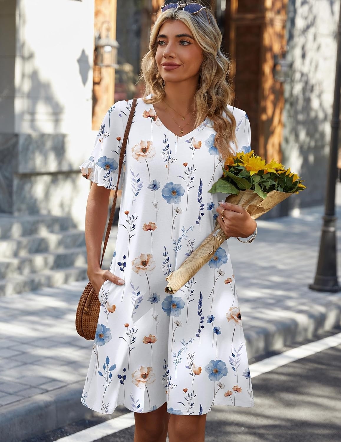 image:imageZeagoo Summer Casual Dresses for Women A Line Sun Dress Ruffle Short Sleeve V Neck Floral Tshirt Dress with PocketsWhite Floral