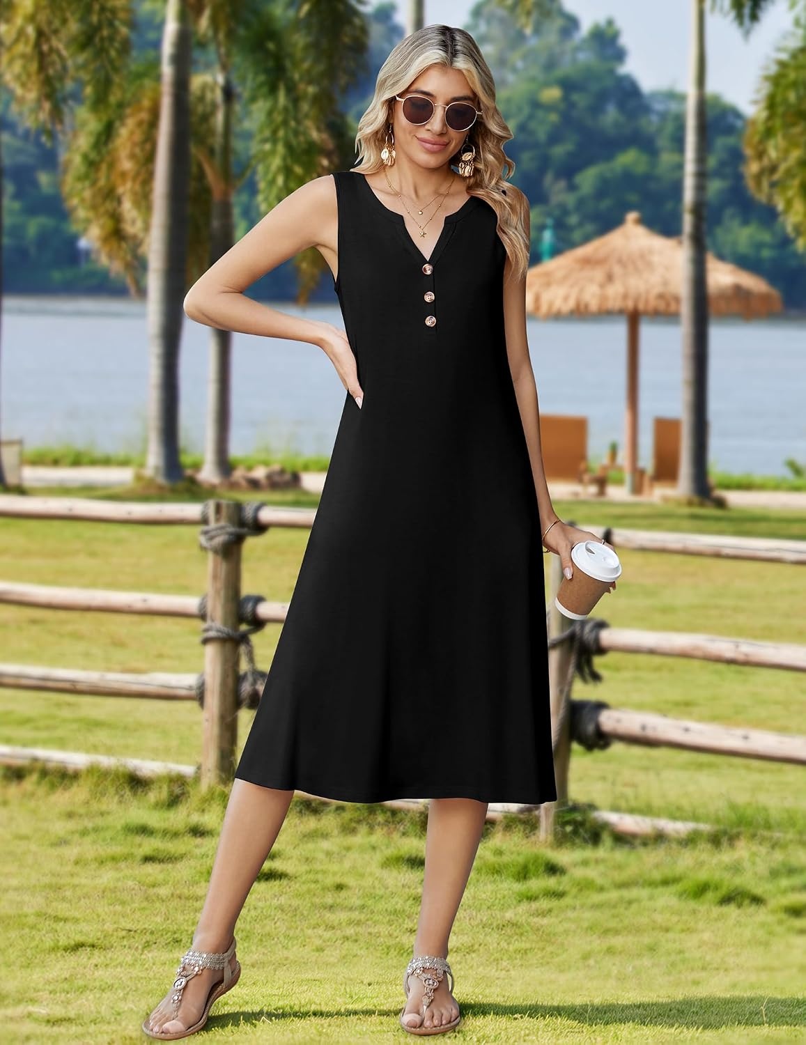 image:imageZeagoo Summer Dress for Women 2026 Sleeveless Tank Midi Dress Vacation Beach Sundress Aline Boho ClothingA01black
